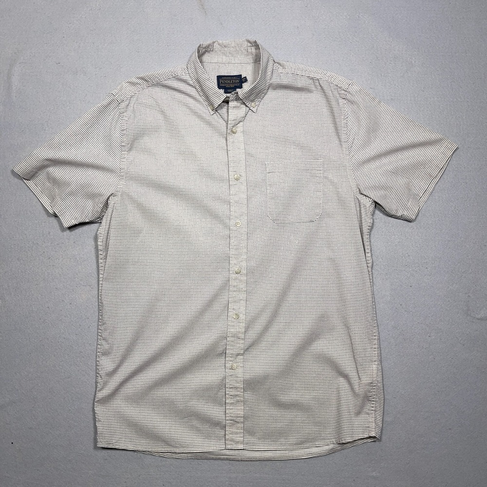 Pendleton Shirt Men Medium Fitted Short Sleeve Button Down Beige Casual Classic